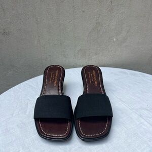 Donald Pliner black stretch strap kitten heel sandals